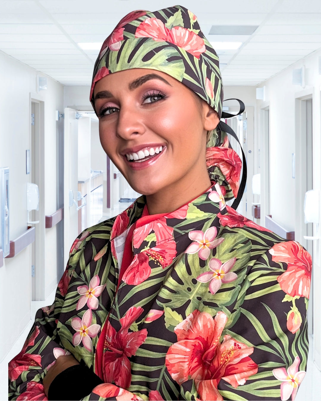 Hibiscus Escape - Mandarin Collar Tropical Scrub Jacket