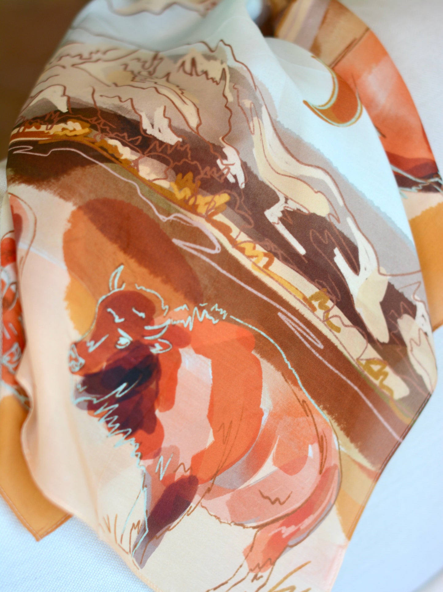 Bison and Mountain Range Western Buffalo Silk Scarf