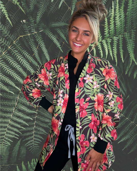 Hibiscus Escape Statement Scrub Jacket for Nurses and Healthcare Providers by Angelika Gale (Cancer Survivor)