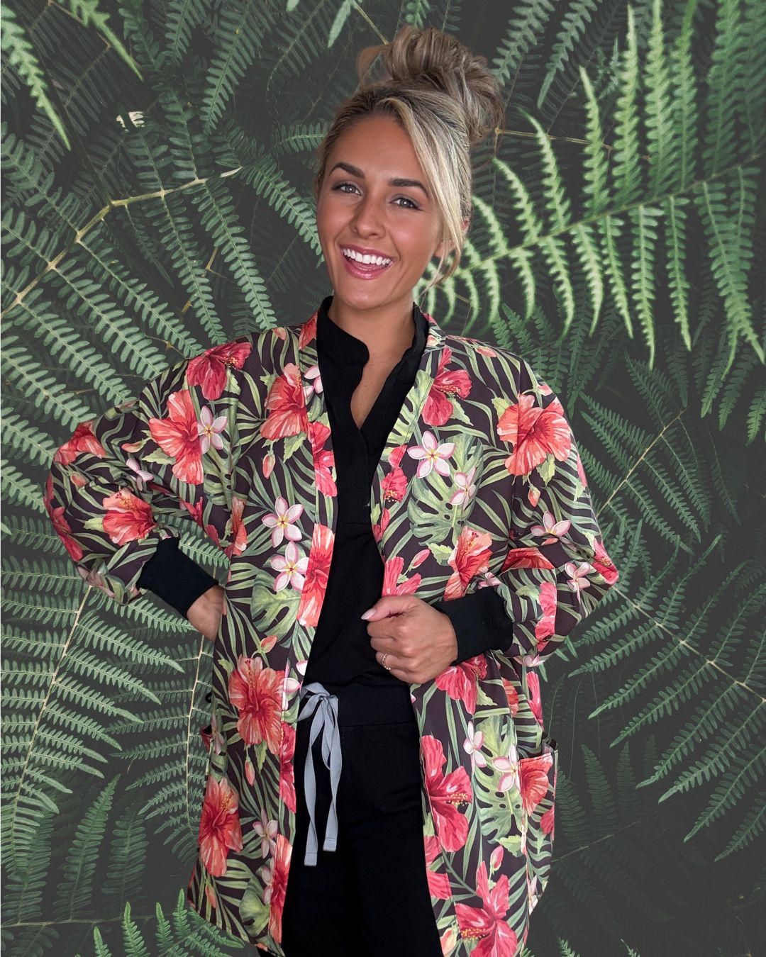 Hibiscus Escape Statement Scrub Jacket for Nurses and Healthcare Providers by Angelika Gale (Cancer Survivor)