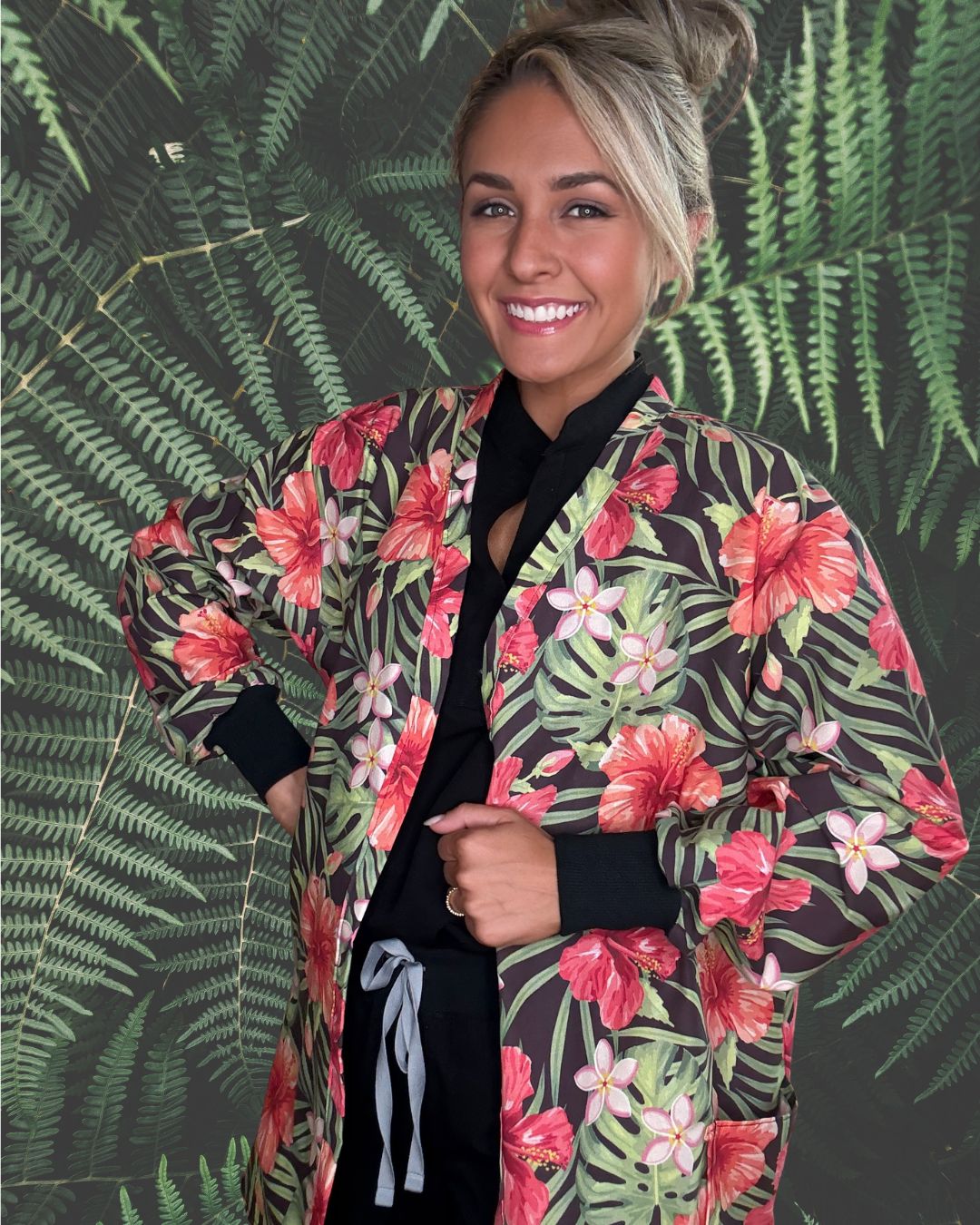 Hibiscus Escape Statement Scrub Jacket for Nurses and Healthcare Providers by Angelika Gale (Cancer Survivor)