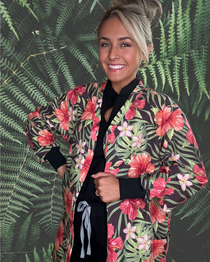 Hibiscus Escape Statement Scrub Jacket for Nurses and Healthcare Providers by Angelika Gale (Cancer Survivor)