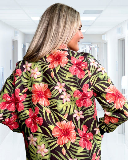 Hibiscus Escape - Mandarin Collar Tropical Scrub Jacket
