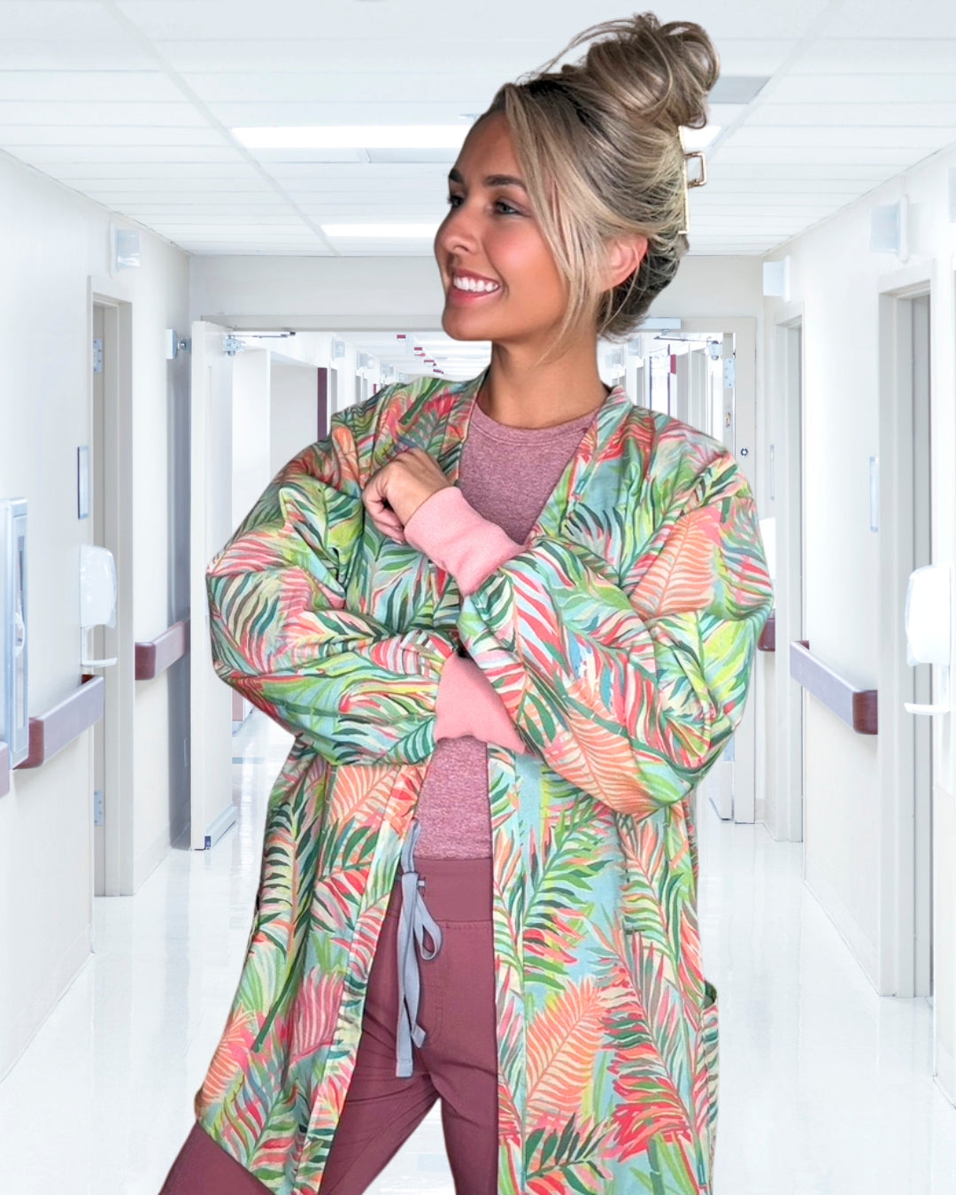Palm Sunset - Collarless Tropical Scrub Jacket