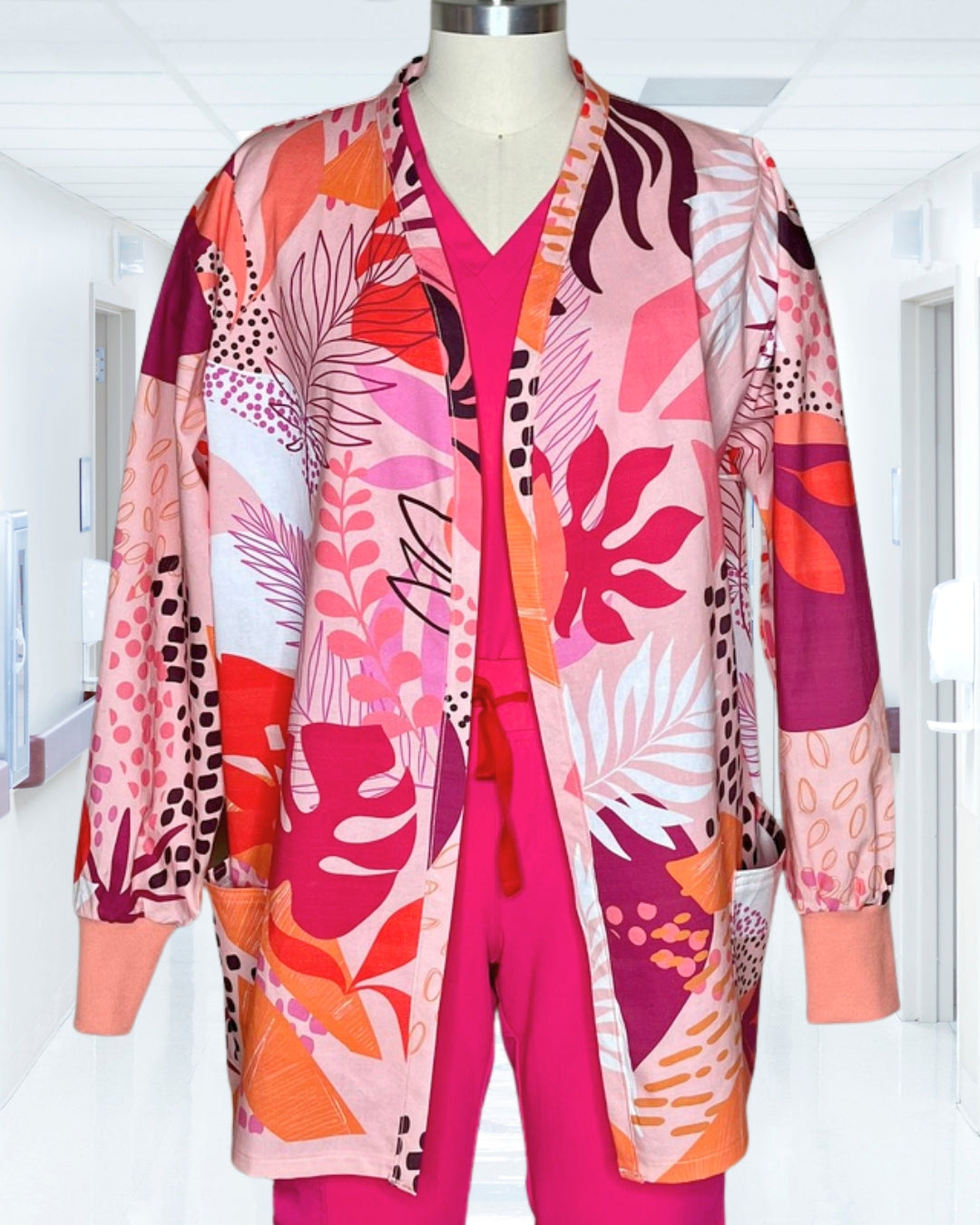 Pink Papaya - Collarless Tropical Scrub Jacket