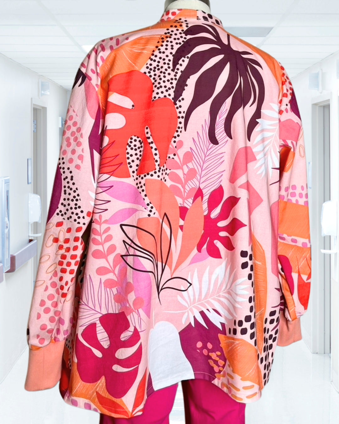 Pink Papaya - Collarless Tropical Scrub Jacket