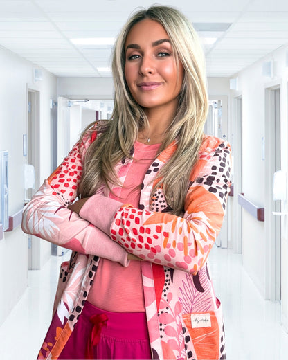 Pink Papaya - Collarless Tropical Scrub Jacket