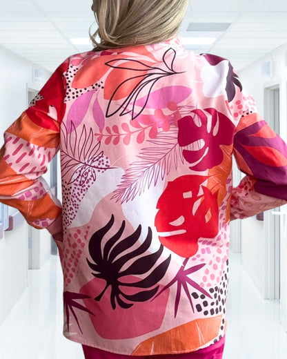 Pink Papaya - Mandarin Collar Tropical Scrub Jacket