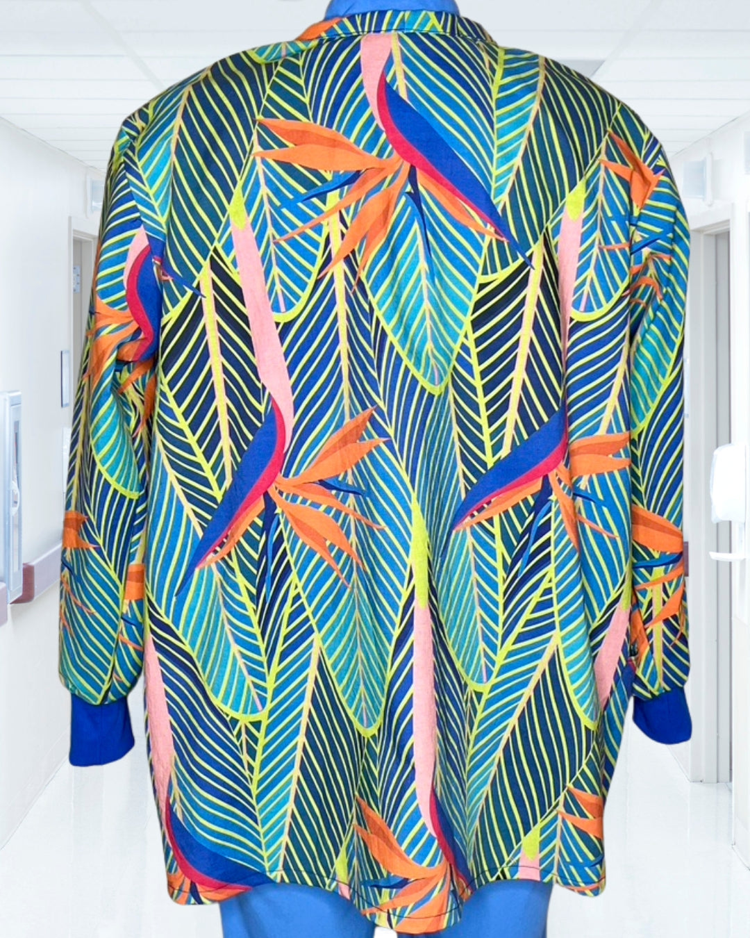 Rainforest Radiance - Collarless Tropical Scrub Jacket