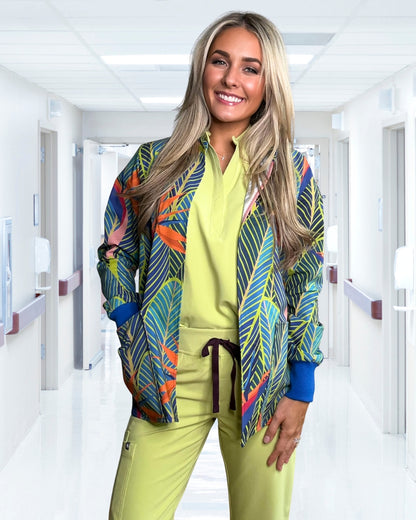 Rainforest Radiance - Mandarin Collar Tropical Scrub Jacket