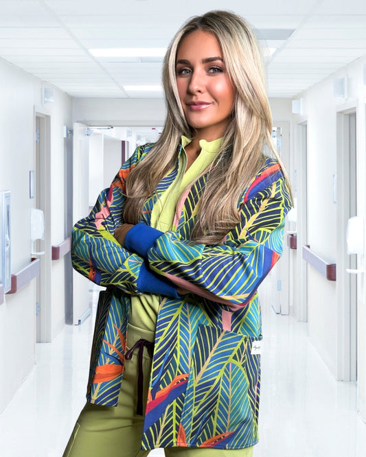 Rainforest Radiance - Mandarin Collar Tropical Scrub Jacket