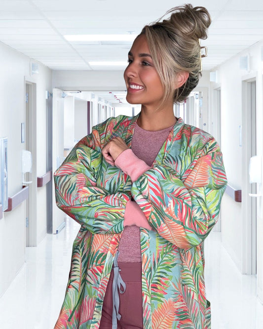 Palm Sunset Statement Scrub Jacket for Nurses and Healthcare Providers by Angelika Gale (Cancer Survivor)